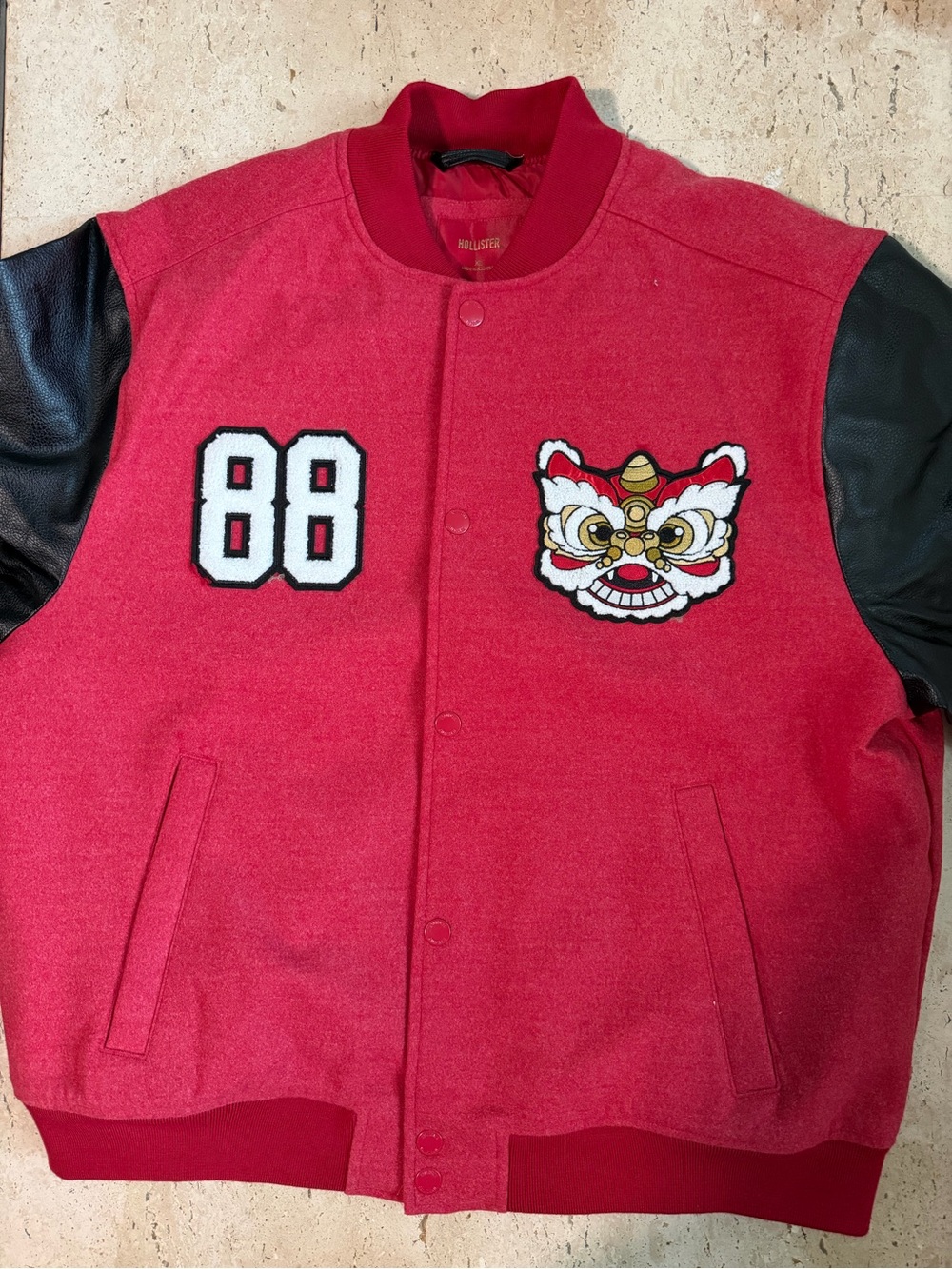 Hollister Mens Lunar New Year Varsity Jacket Red Black Good Luck Lion Size XL